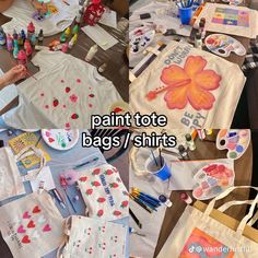 the table is covered with many bags and other crafting supplies, including paint tote bags