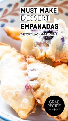 blueberry dessert empanadas on a plate with text overlay