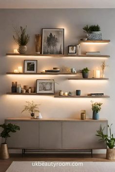 some plants and candles are on the shelves in front of a white wall with lights