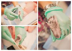 a person with green gloves holding a baby's foot