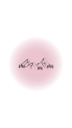 two mountains with trees in the foreground and a pink sky behind them on a white background