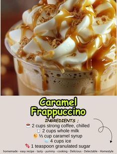 caramel frappuccino in a cup with whipped cream and toppings on top