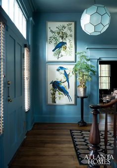 a hallway with blue walls and paintings on the wall