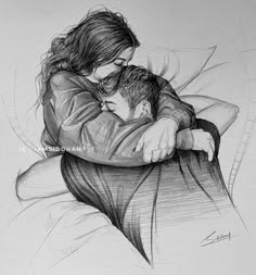 a pencil drawing of a man hugging a woman's head with her arm around him