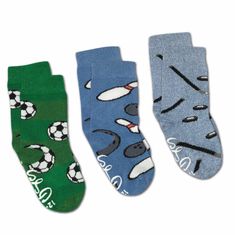 three pairs of socks with soccer balls on them, one is blue and the other has green