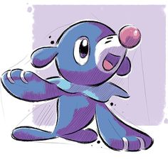 a drawing of a blue and purple stuffed animal holding a pink object in it's mouth