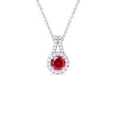 The refined elegance of this gemstone pendant allows you to elevate the look of any outfit in an instant. The pendant features a round Created Ruby on its center framed by a classic halo of lab-grown diamonds. A diamond-studded split bale holds the halo-wrapped colored gem Red Diamond Jewelry With Halo Setting, Luxury Red Round Diamond Necklace, Round Lab-created Ruby Jewelry With Halo Setting, Red Diamond Necklace With Halo Setting, Ruby And Diamond Pendant, Halo Pendant, Gorgeous Engagement Ring, Colored Gems, Ruby Gemstone