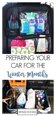 an open suitcase with the words preparing your car for the winter months written on it