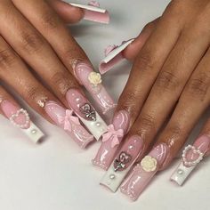 Long Press on Nails Square Fake Nails with Heart Bow Flower Nail Charms Acryl... Heart Nails Press On, Long Press On Nails, Manicure Tips, Manicure Diy, Y2k Nails, Really Cute Nails, Nail Length, Stick On Nails, False Nail