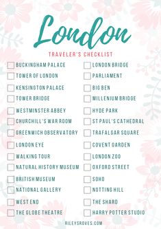 the london traveler's checklist is shown in pink and green flowers on a white background