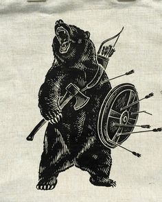 a black and white drawing of a bear holding a shield with arrows on it's back