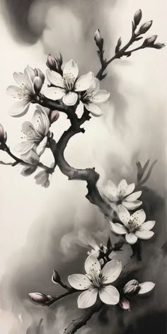 black and white painting of flowers on a branch