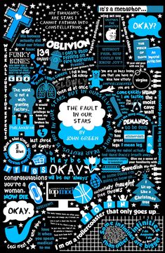 the fault stars poster is shown in blue and white, with words all over it