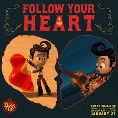 an advertisement for the animated musical show follow your heart, with two cartoon characters playing guitar