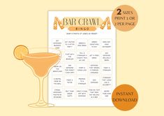 a printable cocktail bar crawl game with an orange garnish on the side