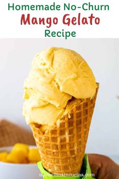 homemade no churn mango gelato recipe in a waffle cone