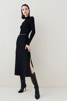 Hotfix Embellished Detailed Knit Mini Dress | Karen Millen Black Midi Dress Boots, Black Rib Knit Dress Outfit, Knee High Boots Corporate Outfit, Midi Dress With Boots Winter, Dress Belt Outfit, Dramatic Wardrobe, Midi Skirt Outfit Winter, Minimal Clothing, Maria Rose