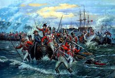 a painting of men in red and white uniforms crossing the water