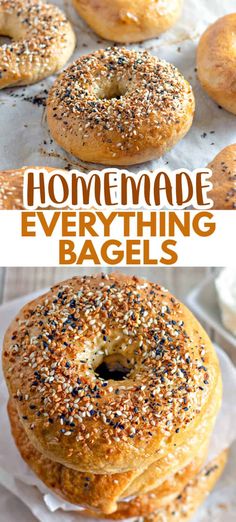 homemade everything bagels with poppy seed sprinkles are stacked on top of each other