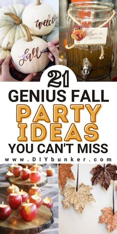 the words genius fall party ideas you can't miss are displayed in different pictures