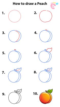 how to draw a peach for kids with numbers and pictures on the back ground,