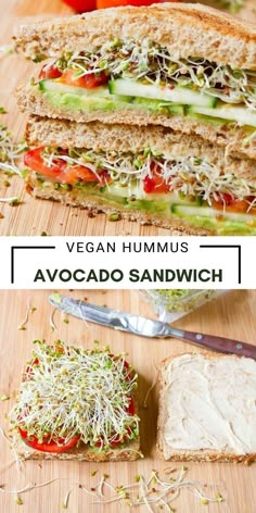 Sandwich with toasted bread, hummus, avocado, sprouts, cucumbers and tomato. Avocado Sandwich Vegan, Veggie Hummus, Hummus Avocado, Healthy Sandwich Recipes, Avocado Sandwich, Plant Based Diet Recipes, Vegetarian Sandwich, Summer Tattoo, Vegan Hummus