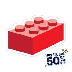 a sticker that says buy 10 get 50 % off on the back of a lego brick