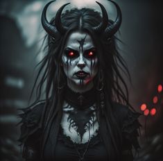 a woman with long hair and red eyes wearing horns