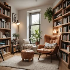 a living room filled with lots of bookshelves next to a couch and chair