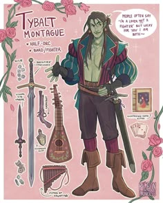 a drawing of a male character holding a guitar and some other items in front of him