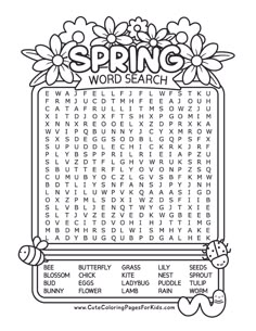 the spring word search is shown in black and white