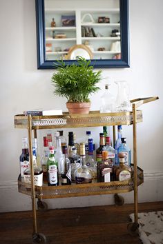 a bar cart filled with liquor bottles and a potted plant