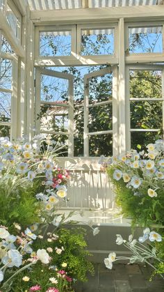 the sun shines through an open window with flowers growing in front of it and below