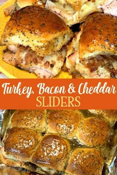 turkey bacon and cheddar sliders on a yellow plate with text overlay