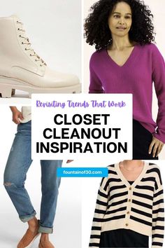 a collage of different types of clothing with text overlay reading revising finds that work closet cleanout inspiration