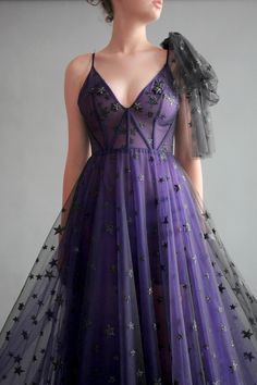 Starry Noce Gown | Teuta Matoshi Purple Tulle Dress For Gala, Starry Night Gown, Purple Dress Aesthetic, Dark Purple Dress, Dark Purple Dresses, Teuta Matoshi, Purple Wedding Dress, Embroidered Ribbon, Theme Dress