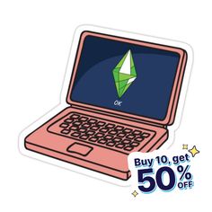 an open laptop computer sitting on top of a white background with the words buy 10 get 50 % off