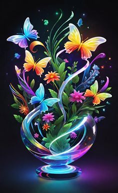 a vase filled with colorful flowers and butterflies