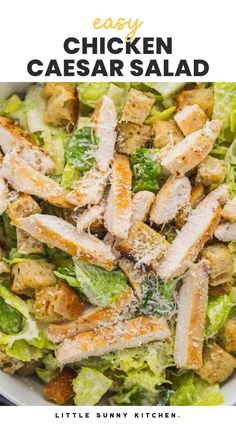 chicken caesar salad with lettuce and parmesan cheese in a white bowl