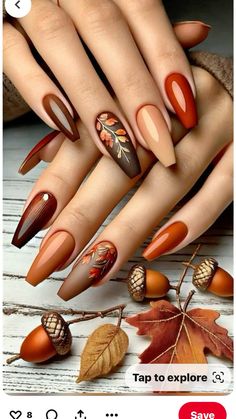 Mustard Ombre Nails, Fall Photoshoot Nails, Nails Ideas For Thanksgiving, Nail Design For Autumn, Matte Copper Nails, Fall Color Almond Shape Nails, Thanksgiving Matte Nails, Burnt Orange Brown Nails, Acorn Nails Designs