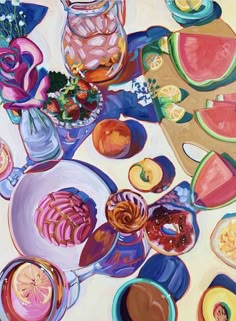 a painting of food and drinks on a table