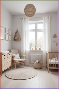 a baby's room with white walls and wooden furniture