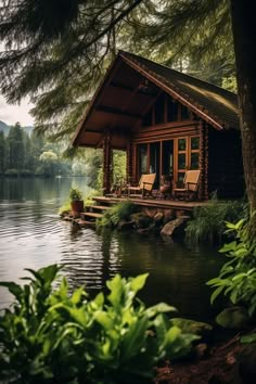 a log cabin sits on the edge of a lake surrounded by trees and greenery