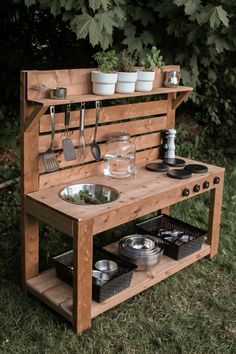 a potting bench with pots and pans on it