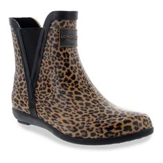 a pair of leopard print rain boots with black rubber outstratches on the side