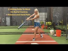 a woman swinging a baseball bat on top of a batting cage with the words hitting drills to work on barrel control, balance and hand path