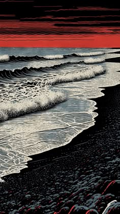 a painting of waves coming in from the ocean on a red and black sky background