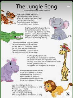 the jungle song with pictures of animals and other things to see on it's page