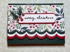 a merry christmas card with red and green trimmings on the edge, decorated with holly berries