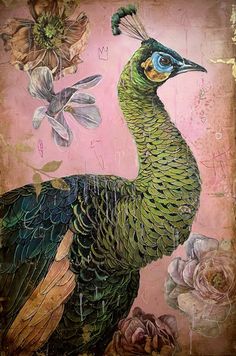 a painting of a peacock with flowers in the background